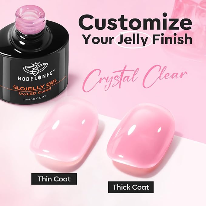 modelones Builder Nail Gel Top Coat, 15 ML No Wipe Ultra Gloss Jelly Pink Gel Polish Apex Building Nails Strengthening Extension Sheer Blush Color Nail Art Long Lasting Soak Off U V Manicure Gift