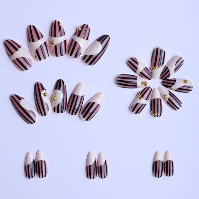 Long Almond Press on Nails Nude Pink and White Black Stripes Fake Nails with Gold Stick on Nail for Women 24pcs