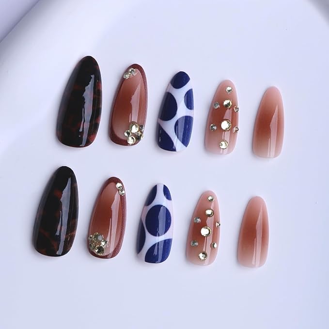 Blue & Brown Press on Nails Medium Almond Fake Nails Fall Winter Nails Press ons with Tortoise,Cow Print Design Full Cover Stick on Nails for Women Manicure,Reusable | Artificial | Easy Apply | 24Pcs