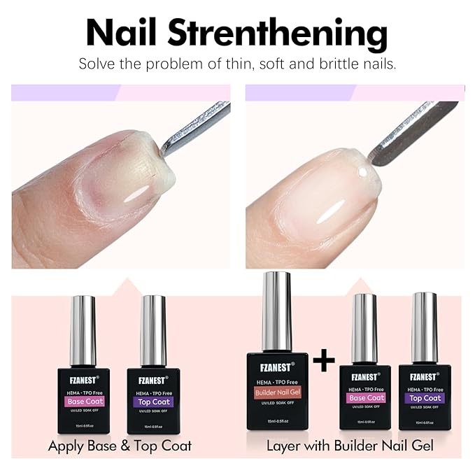 FZANEST Builder Gel With Top and Base Coat HEMA TPO-Free, 15ml * 3pcs Clear Gel Nail Polish Kit for Nail Strengthening Building Apex Extension Soak Off No Wipe Top Coat Base Harden Nails