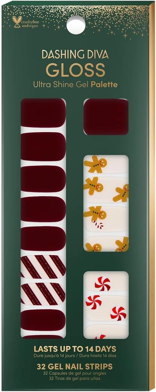 Dashing Diva Gloss Nail Strips - Jolly Good Fun | UV Free, Chip Resistant, Long Lasting Gel Nail Stickers | Contains 32 Nail Wraps, 1 Prep Pad, 1 Nail File