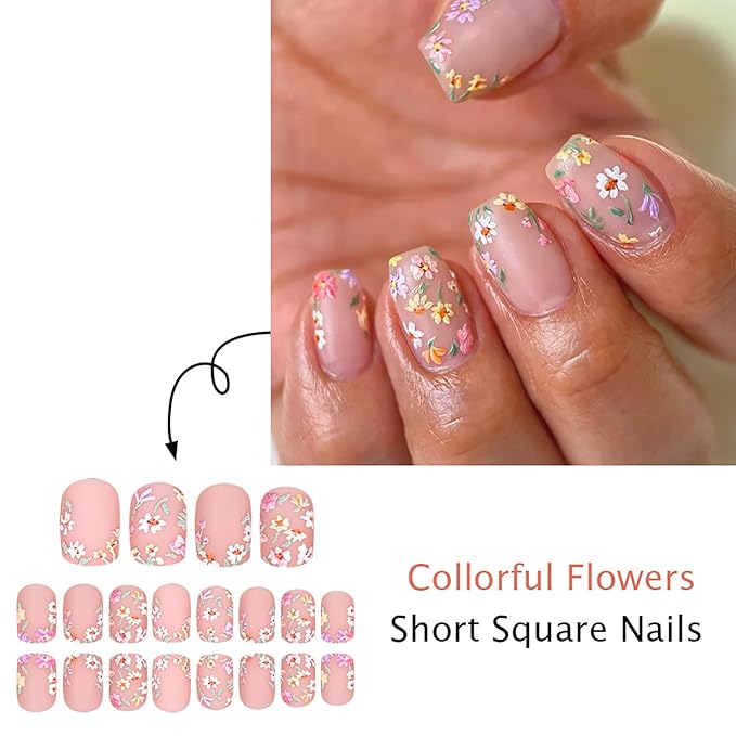 Flower Press on Nails Short Square Fake Nails with Colorful Small Daisy Designs Nude Matte False Nail Full Cover Spring Summer Floral Stick on Nail for Women 24Pcs