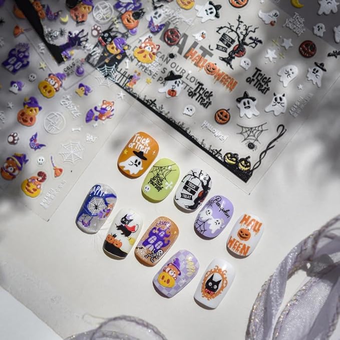Halloween Nail Stickers 3D Self-Adhesive Cute Ghost Haunted House Nail Art Stickers Pumpkin Spider Web Nail Decals Moon Star Nail Designs Holiday Nail Art Decoration for Women Girls Manicure 1 Sheet
