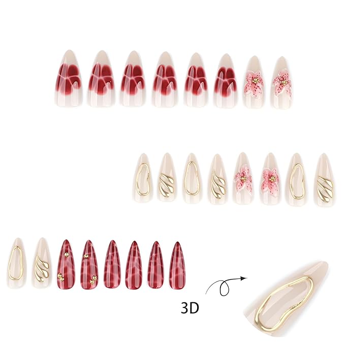 Flower Fake Nails Long Almond Press on Nails Gold Line False Nails Glossy Nails press Ons with Gold Rhinestones Design Acrylic Stick on Nail Reusable Stick on Nail for Women Decorations Set 24Pcs