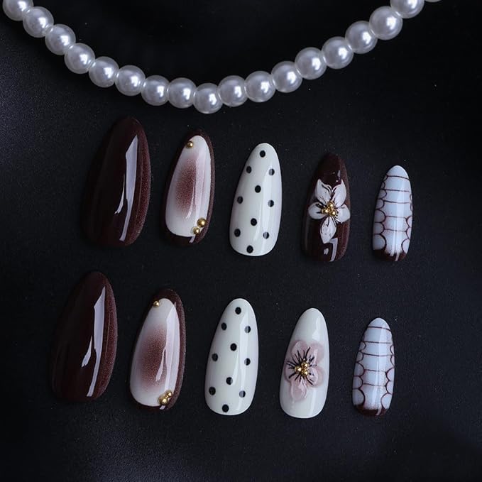 Polka Dot Floral Press on Nails Medium Almond Fake Nails White Nails Press ons with Design Full Cover Stick on Nails for Women Fall Winter Manicure,Reusable | Artificial | Easy Apply | 24Pcs