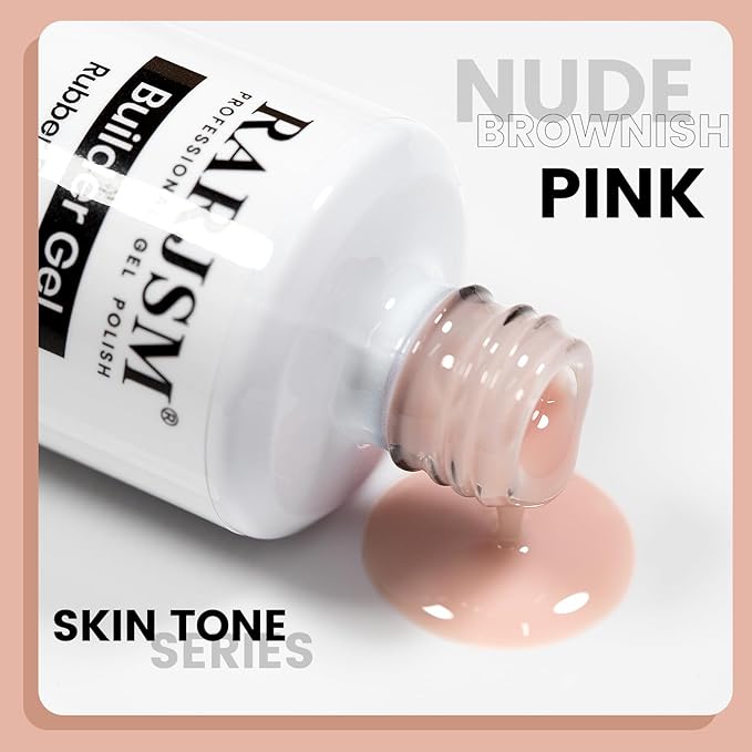 RARJSM Brownish Pink Rubber Base Gel Nail Polish Nude Skin Tone Rubber Base for Nails Natural Nude Color French Manicure Brush on Extend Gel Builder Soak Off Curing Requires 15ml Salon Home DIY