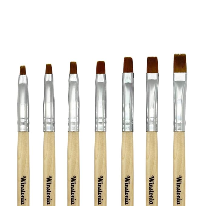 Winstonia FLAT Gel Nail Brush Set 7 Pcs Size 2,4,6,8,10,12,14 - Nail Tips Builder & Overlay, Sculpting, Poly Gel, and Extensions - Flat Shape Brushes Manicure Painting Pens