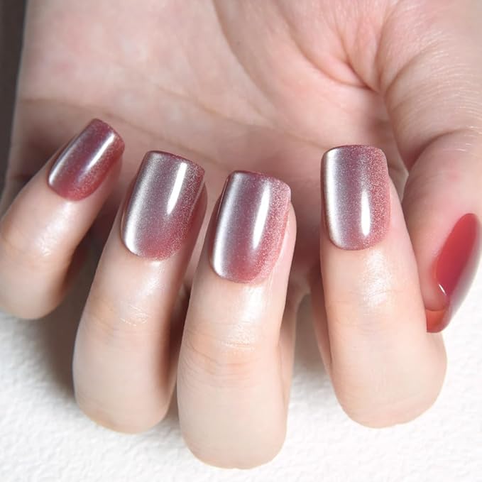 evpct Pale Mauve Cat Eye Short Press on Nails Square, Stick on Nails Short Square for Women Gift, Mauve Metallic Glitter Glossy nails press ons, Reusable Stick Press on Acrylic Fake Nail with Designs
