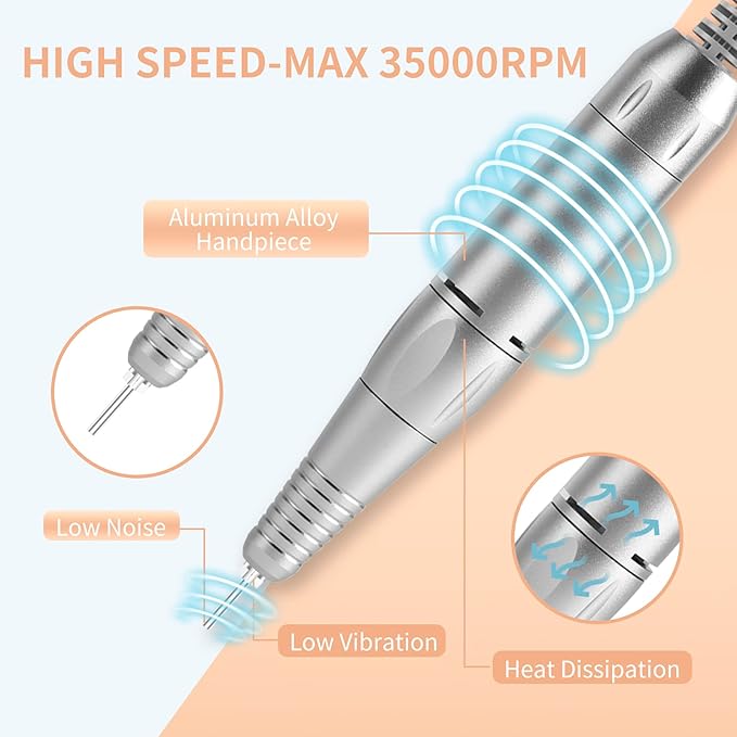 Portable Nail Drill Professional 35000 RPM, MOCOWIND Rechargeable Electric Nail File Machine E File for Acrylic Gel Polishing Removing, Cordless E-File with Bits Kit for Manicure Salon Home, Black