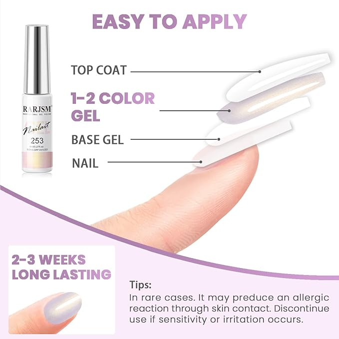 RARJSM Pearl Gel Liner Nail Art 2 Pcs Set Pearlescent Milky White Light Purple Golden Shell Glitter Swirl Effect Gel Nail Polish 8ml Build in Thin Brush Painted Striper GelPolish Curing Requires
