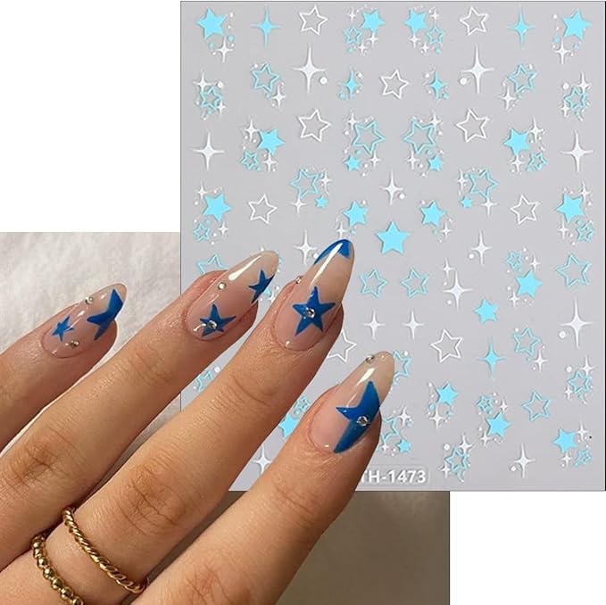 6Pcs Independence Day Star Nail Art Stickers Decals 3D Self-Adhesive Shiny Star Nails Decals Glitter Black White Pink Blue Five Pointed Stars Nail Stickers French Starlight Nails Supplies Decoration