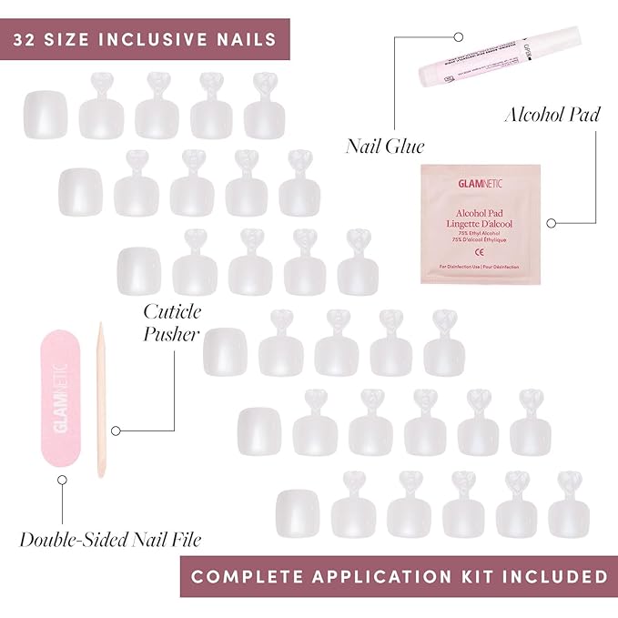 Glamnetic Press On Toenails - Hailey | Soft Pearl White Fake Toe Nails with a Glossy Finish | 16 Sizes - 32 Toe Nail Kit with Glue