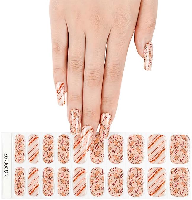 20pcs Christmas Semi Cured Gel Nail Strips - Salon-Grade DIY Wraps with Glaze Texture, Easy Application, UV Light Required for Festive Nails(Warm Toned Gingerbread Candy Nail)
