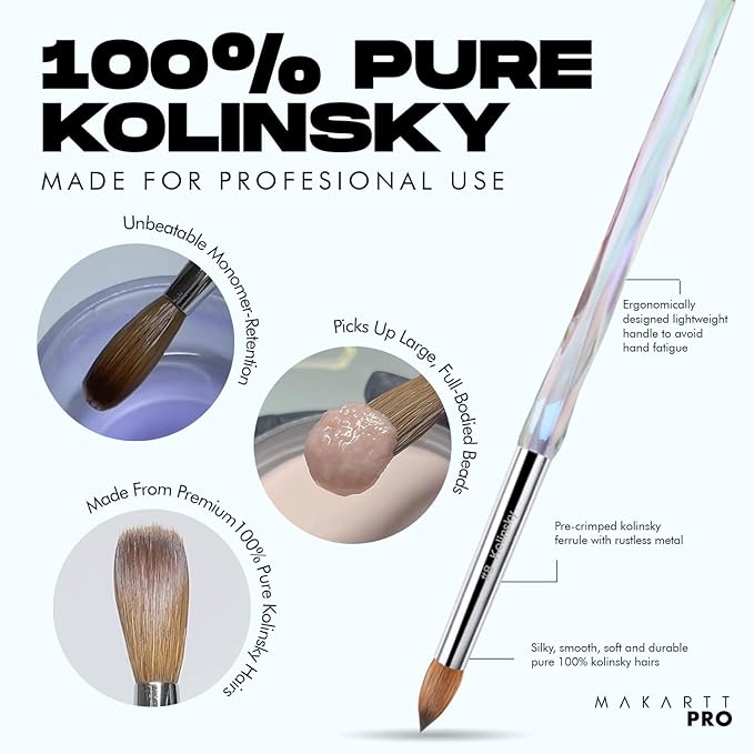 MakarttPro Kolinsky Crimped Acrylic Nail Brush for Acrylic Powder and EMA Monomer Application, Made for Professional Nail Technicians and Beginner Nail Students, Size #10