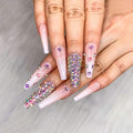 Artquee 24pcs French Nude White Ballerina Diamond Long Glossy Coffin Flash Fake Nails Press on Nail False Tips Manicure for Women