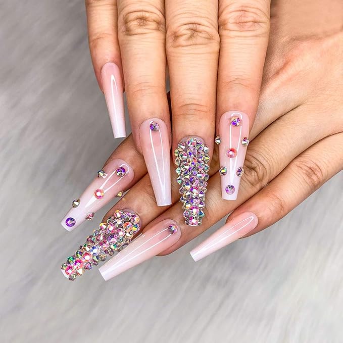 Artquee 24pcs French Nude White Ballerina Diamond Long Glossy Coffin Flash Fake Nails Press on Nail False Tips Manicure for Women