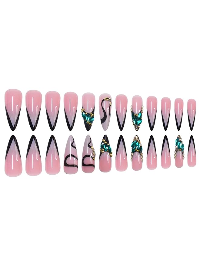 Long Press on Nails Stiletto Fake Nails French False Nails Pink Artificial Nails with Green Rhinestones Designs Sparkly Acrylic Nails Press ons Cute Stick on Nails for Women 24pcs
