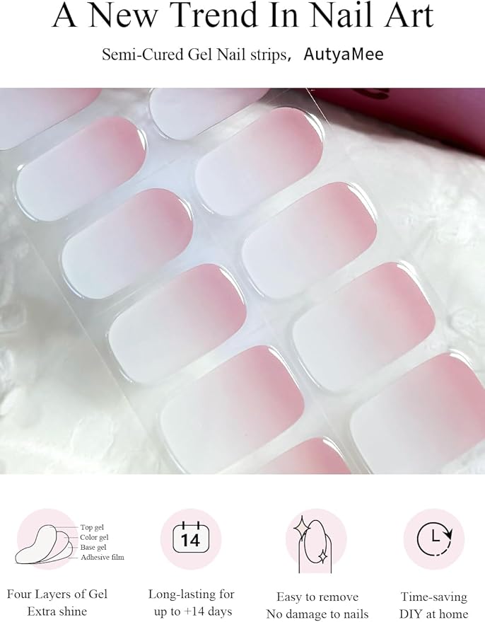 Semi Cured Gel Nail Strips (Jelly Omber Pink), 20 Pcs Gel Nail Wraps, Stickers, Salon Quality, Long Lasting, Works with Any Lamps