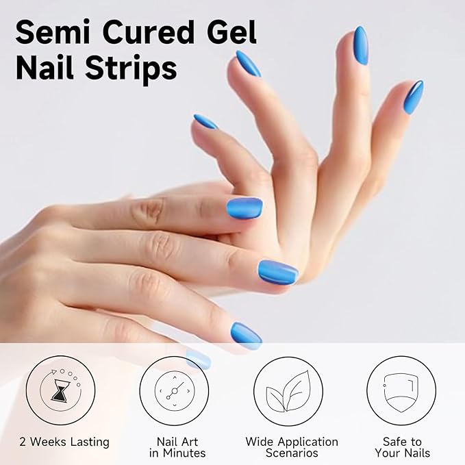 Semi Cured Gel Nail Strips, 28 pcs Gel Nail Stickers Work with Any UV Lights, Long-Lasting Nail Wraps, Stick on Nails for women Easy to Apply & Remove