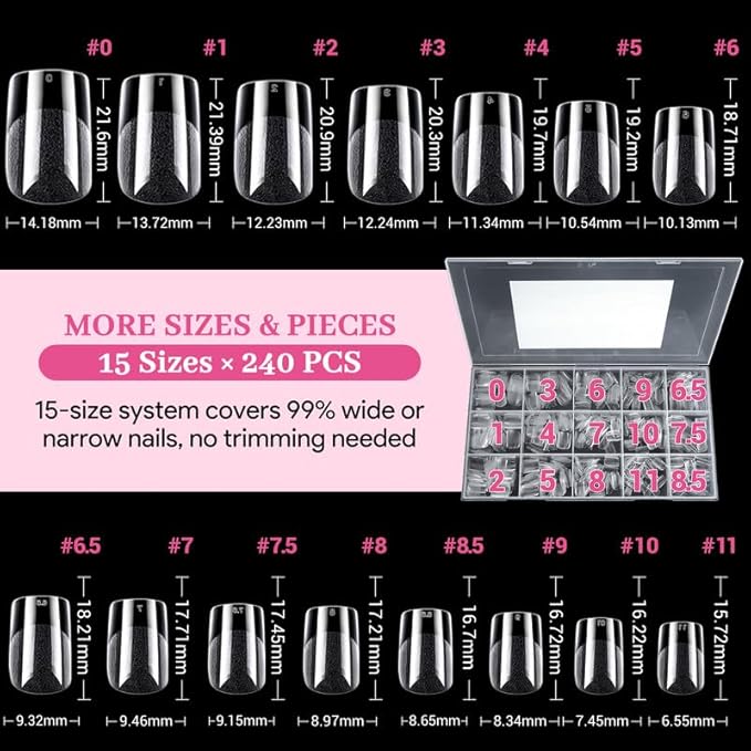 Short Square Fake Nail Tips - 15 Sizes 240 PCS Clear French Half Matte Press On False Nail Tips Pre-shaped Full Cover Gel Nail Tips Extensions Thick Long Lasting for DIY Beginners& Salon Manicure