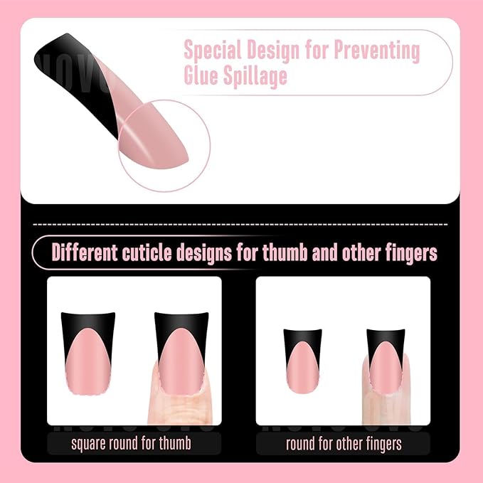 NOVO OVO Halloween Black French Tip Short Duck Nail Tips Press on, BABY PINK Pre-designed Soft Gel Nail Extension, Extra thick Full Cover Matte Vrial False Nails for Salon DIY x 12 Sizes 240 pcs