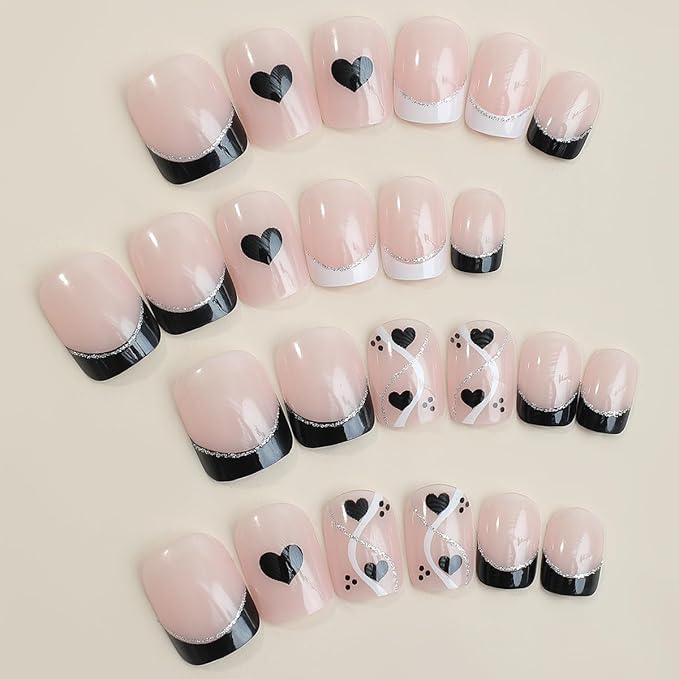 Short Press on Nails Square - French Tip Fake Nails with Black Heart Design - Glossy Full Cover Stick on Nails - for Women 24 Pcs