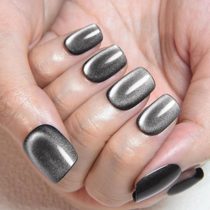 evpct Black Silver Cat Eye Press on Nails Short Square, Short Square Stick on Nails for Women Gift, Silver Grey Gray Metallic Glitter Shimmer Reusable Gel Press on Acrylic Fake Nail with Design