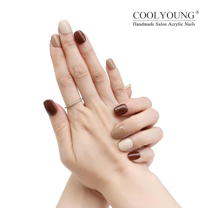 Press-On Nails, Fake Nails With Light Brown, Dark Brown, Beige, Brown Press On Nails, Short Nails, 25 PCS Handmade Nails