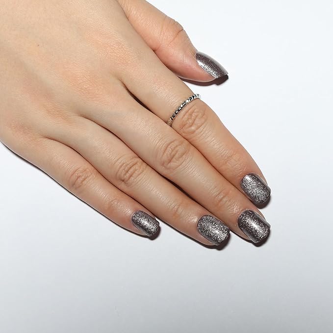 Glittering Silver Press on Nails Short Square, Silver Fake Nails Kit, Fashion Glossy Acrylic Short Press on Nails, Natural Stick on Nails, Thick Reusable Glue on Nail for Women, 24Pcs