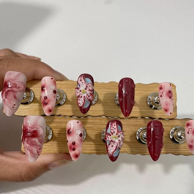 Handmade Press on Nails Medium Almond Fake Nails with Glue,Tropical Flower Nails with 3D Lines Designs Wine Red Acrylic Nails Nature Stick on Nail False Nails for Wome (Size M)