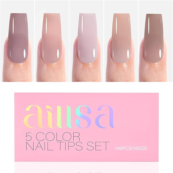 AILLSA Press on Nails Medium Square 140 PCS Fake Nails 4 in 1 Medium Glossy Nude Nails Press Ons, Long Lasting Pre-Shaped Gel Nails Natural False Nail for Nail Art DIY Women