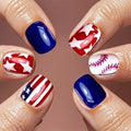 24Pcs Independence Day Press on Nails Short Square Fake Nails with Baseball Designs Patriotic Glossy False Nail for Women Stripe Acrylic Stick on Nails Cute Glue on Nail for 4th of July