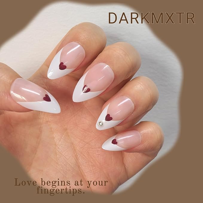 Press-On Nails, Heart Design False Nails, Pink White Glossy Fake Nails with Rhinestone, 24Pcs Reusable Artificial Nails Kit