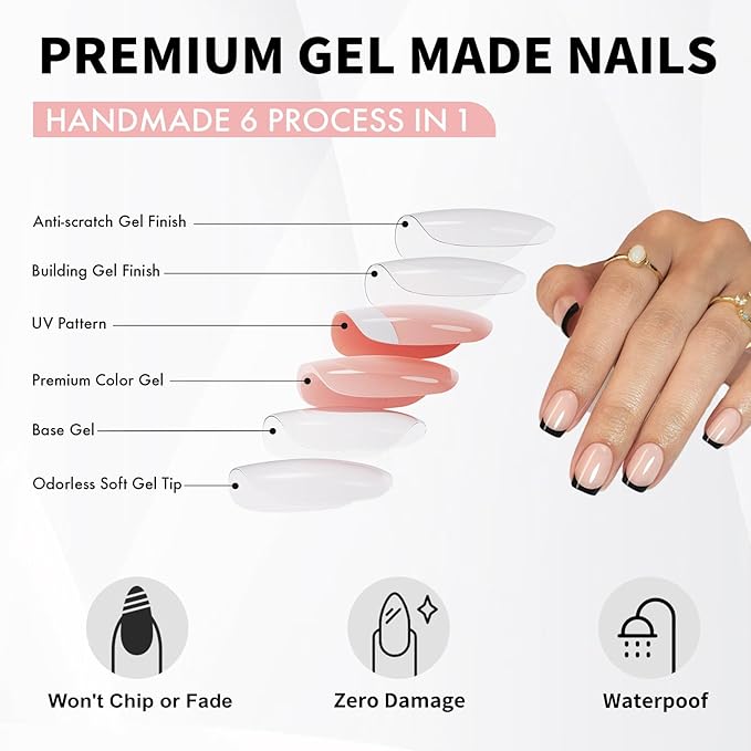Black French Tip Press on Nails Square - SHANGMENG Soft Gel Press on Nails Short, Fit Perfectly & Natural Stick on Nails with Glue in 16 Sizes - 32 Reusable Fake Nails for Women Gift, Black French