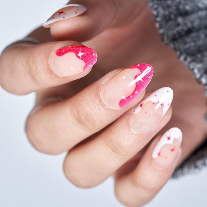 GLAMERMAID Hot Pink French Tip Press on Nails Medium Almond, Nude Jelly Gel Gothic Stiletto False Glue on Nails with Star Desgin for Women, Reusable Short Oval Stick on Acrylic Fake Nail Manicure Set