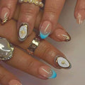 Short Round Press on Nails Gold Chrome Fake Nails French Tip False Nails Press ons with Hexagram Design Reusable Artificial Nail Full Cover Glossy Glue on Nail Stick on Nails for Women Manicure 24 Pcs