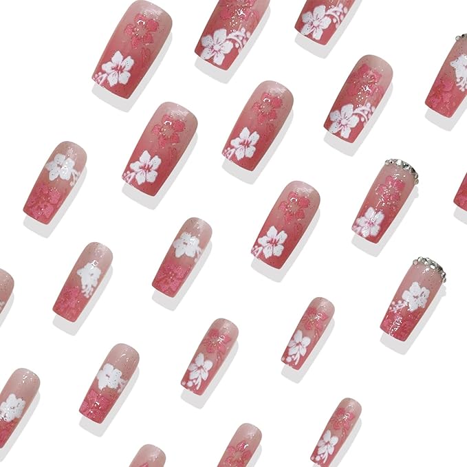 Square Press on Nails Medium Fake Nails with Designs White Flower Stick on Nail Rhinestone Acrylic False Nail French Glossy Artificial Nail Full Cover Glue on Nails for Women