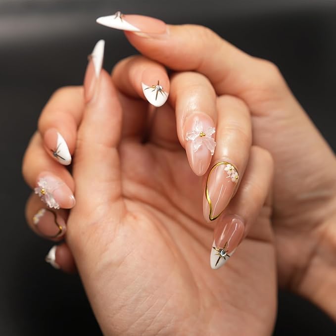 Short Brown French Tip Press On Nails ，3D Metallic Rhinestones style Design Handmade Press On Nails ，Reusable Glam Art Acrylic False Nails (10 PCS)