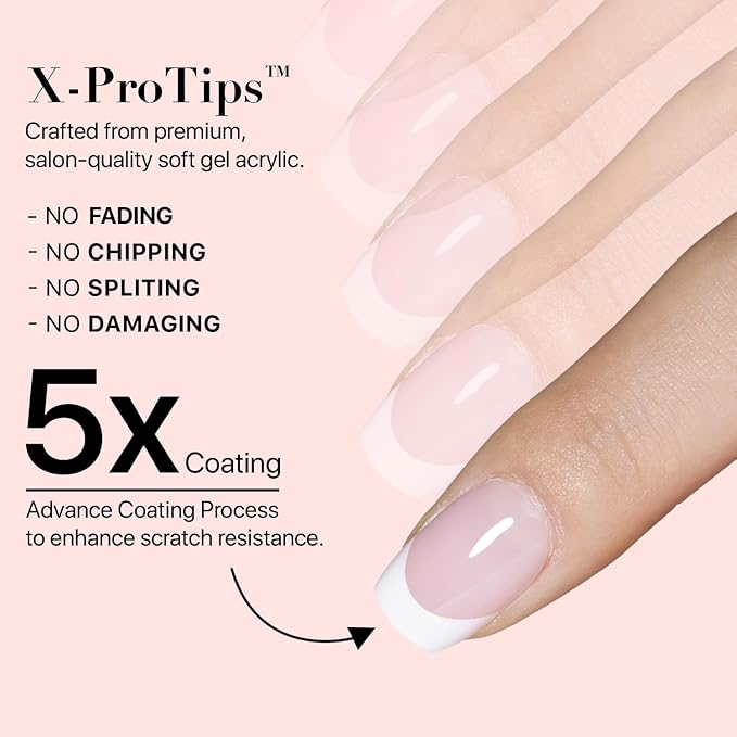 SXC Cosmetics French Tip Press On Nails Pink Series, XS Square X-Pro Tips Starter Kit