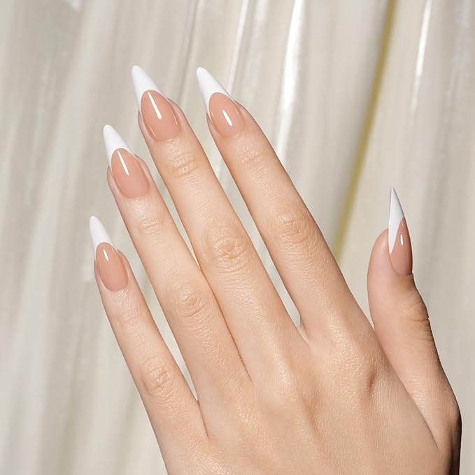 AILLSA French Gel Nail Tips, 180 Pcs French Tip Press On Nails Long Almond Brown, Pre-Applied Primer & Base Coat, No Need File, Long Almond Nails Tips, Fake Nails for Nail Art DIY 15 Sizes