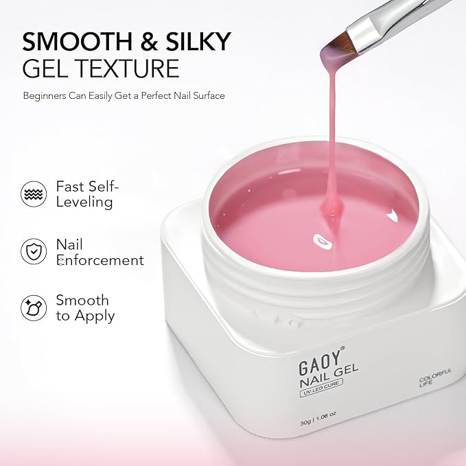 GAOY Colored Builder Base 30g with a Brush, 4-in-1 Long Lasting Nail Builder Gel Nude Pink Natural Jelly, Soak Off UV Light Cure Nail Strengthening, Flamingo Pink