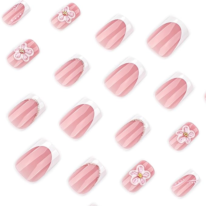 Square Press on Nails Short - White French Tip Fake Nails with Flower Design - Cute, Summer False Nails for Women 24 Pcs