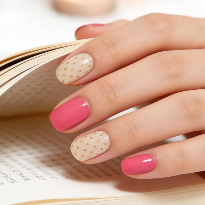 Semi Cured Gel Nail Strips - Gold Polka Dot, 20 Pcs DIY at Home Nail Art, UV/LED Lamp Required, Beginner Friendly & Salon Quality Manicure
