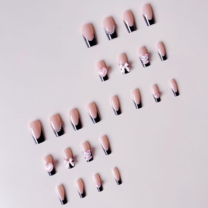 Cute Press on Nails Medium Long Black French Fake Nails Square Pink Glossy 3D Heart False Nail Tips Artificial Nails Finger Manicure for Women 24pcs