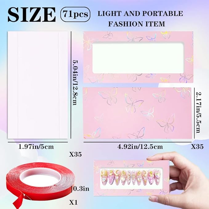 71 Pcs Empty Press on Nails Packaging Box 35 Pcs White Background Papers and 1 Double Sided Tape, Empty Nail Package Box Set for Press on Nail Business(Pink)…