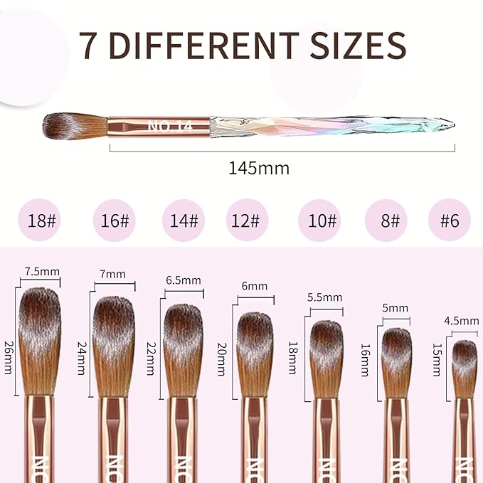 7PCS Acrylic Nail Brush Set,Size 6/8/10/12/14/16/18 Professional Nail Brushes for Acrylic Application Extension and 3D Carving for Nail Home Salon DIY