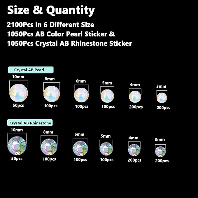 2100Pcs Self Adhesive Pearls and Rhinestone Sticker, Stick on Rhinestone Hair Gems Body Art Stickers Face Pearls Stick on Face Gems for Nail Art, Makeup, Crafts, Scrapbooking