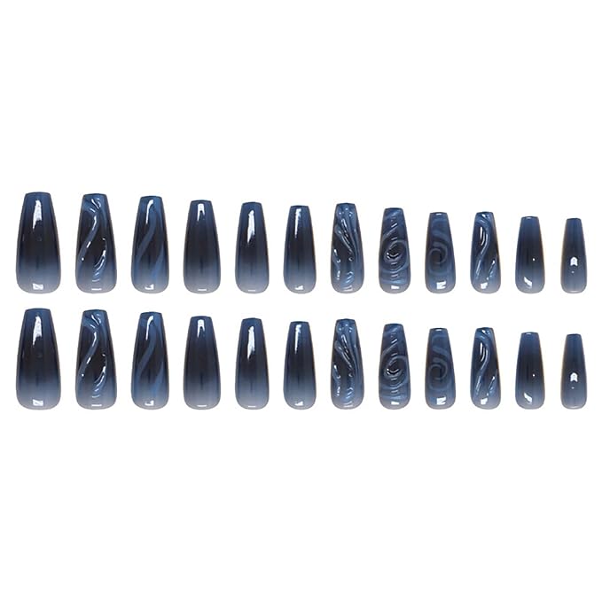 RTKHFZE Coffin Press on Nails Long Length,Ocean Blue Fake Nails with Stripes Design Ombre False Glue on Nails Winter Nails for Holiday/Christmas Gift for Women