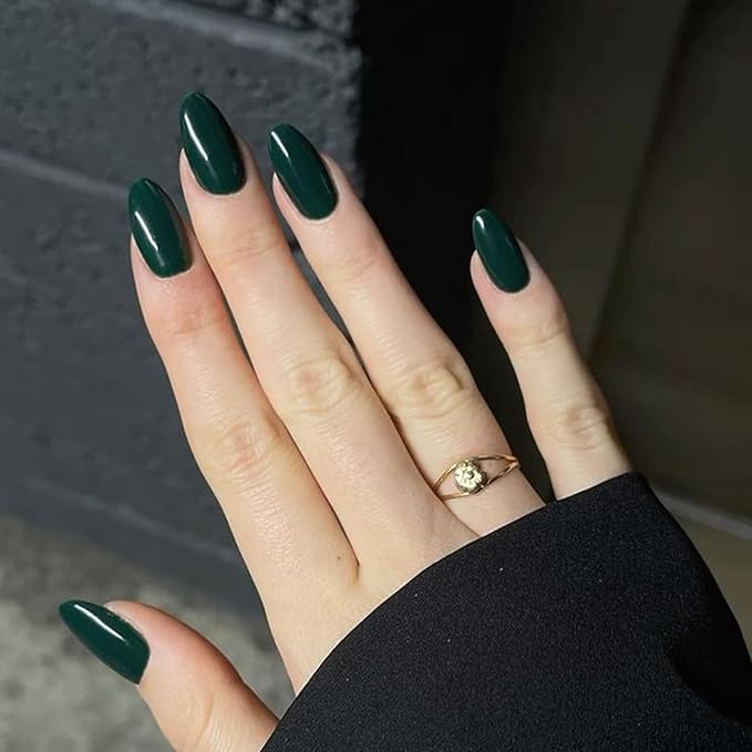 Modelones Dark Green Press on Nails Almond, St Patricks day Spring Short Fake Nails, Reusable Nail Kit with Nail Glue Adhesive Tabs Mini Nail File, Nails Press Ons 32Pcs 16 Sizes