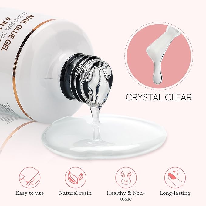Nicedeco Hema Free Nail Glue Gel for Acrylic Nails 15ML, Cruelty Free, Vegan, Long-Lasting 6 in 1 Brush On Glue for False Nails Tips Led Lamp Required